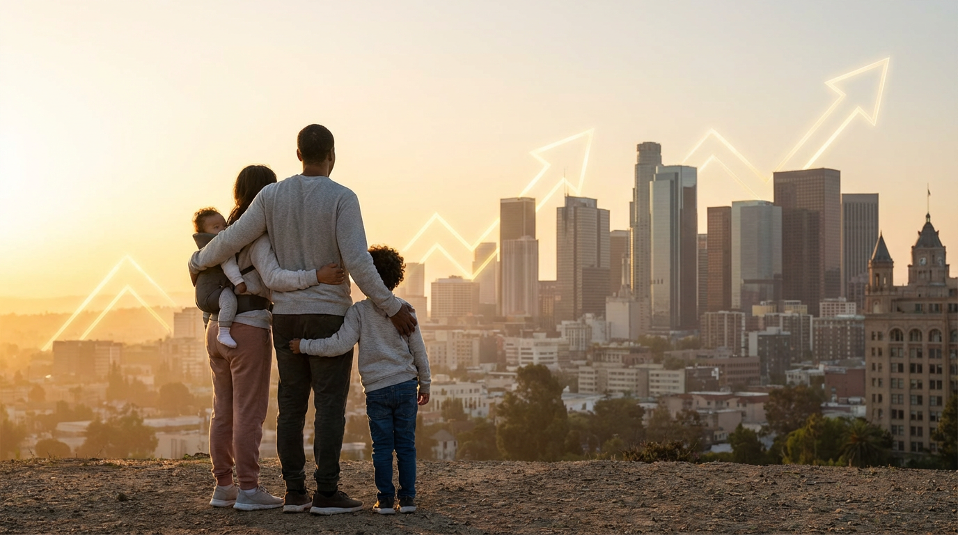 Happy family looking at city skyline